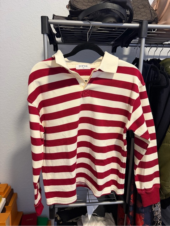 Parke Sweaters - Parke Red and Cream Striped Long Sleeve Polo Tee